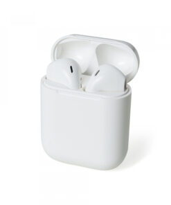 Fone de ouvido bluetooth com comandos touch, microfone e case carregador de fechamento magnético. Fones e case com acabamento brilhante, acompanha USB Lightning.