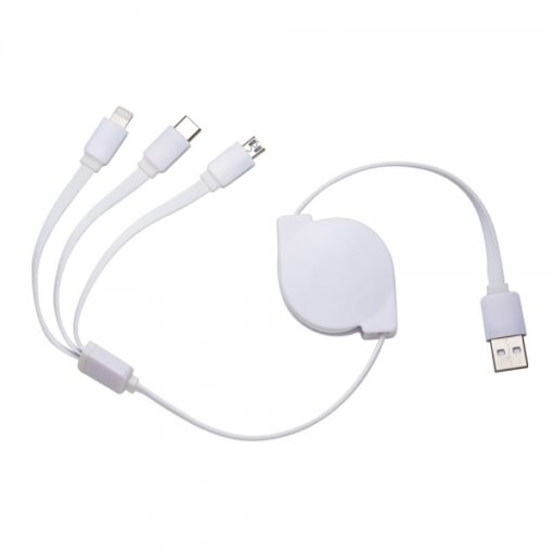Cabo de dados retrátil 3 em 1 (não transfere arquivos). Entrada Lightning: Iphone, Ipad e Ipod; Entrada Micro USB: smartphones e tablets Android; Entrada Micro USB-C: modelos mais recentes de smartphones e tablets Android. Suporte plástico branco de frente lisa e verso com detalhe oval (com parafuso no centro). Possui rolamento com trava automática, os dois lados de cabo devem ser puxados simultaneamente e ao soltar irão travar. Não puxar um cabo por vez para não embolar.
