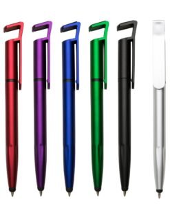 Caneta personalizada 3 em 1 com suporte para celular, ponta touch e limpador de tela, disponível em várias cores para brindes corporativos.