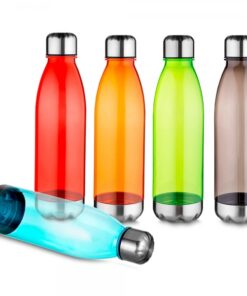 Brinde squeeze plástico 700ml com corpo transparente colorido e tampa de alumínio, disponível em diversas cores para personalização.