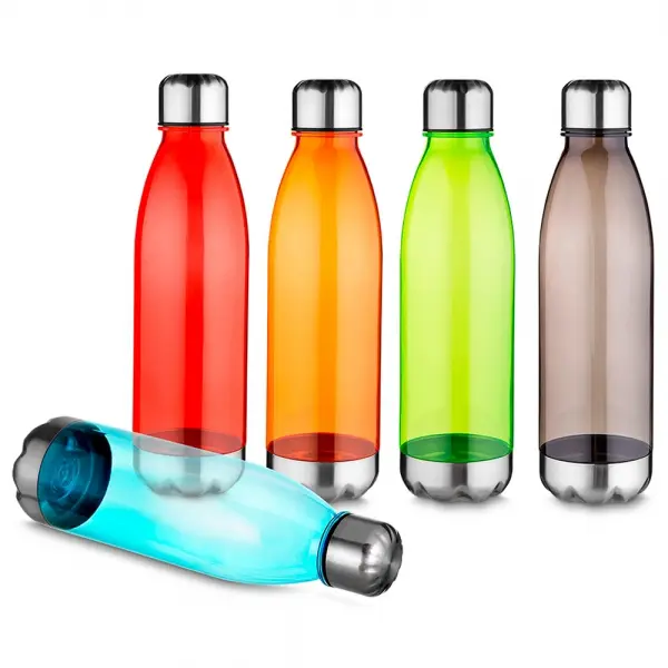 Brinde squeeze plástico 700ml com corpo transparente colorido e tampa de alumínio, disponível em diversas cores para personalização.