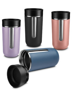 Copo inox antivazamento para brinde, na cor azul, com tampa de segurança preta.