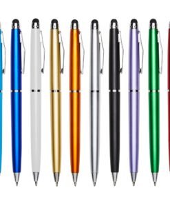 Diversas canetas touch personalizadas modelo Nexus em várias cores, alinhadas para demonstrar a variedade de opções de brindes corporativos da L2 Brindes.