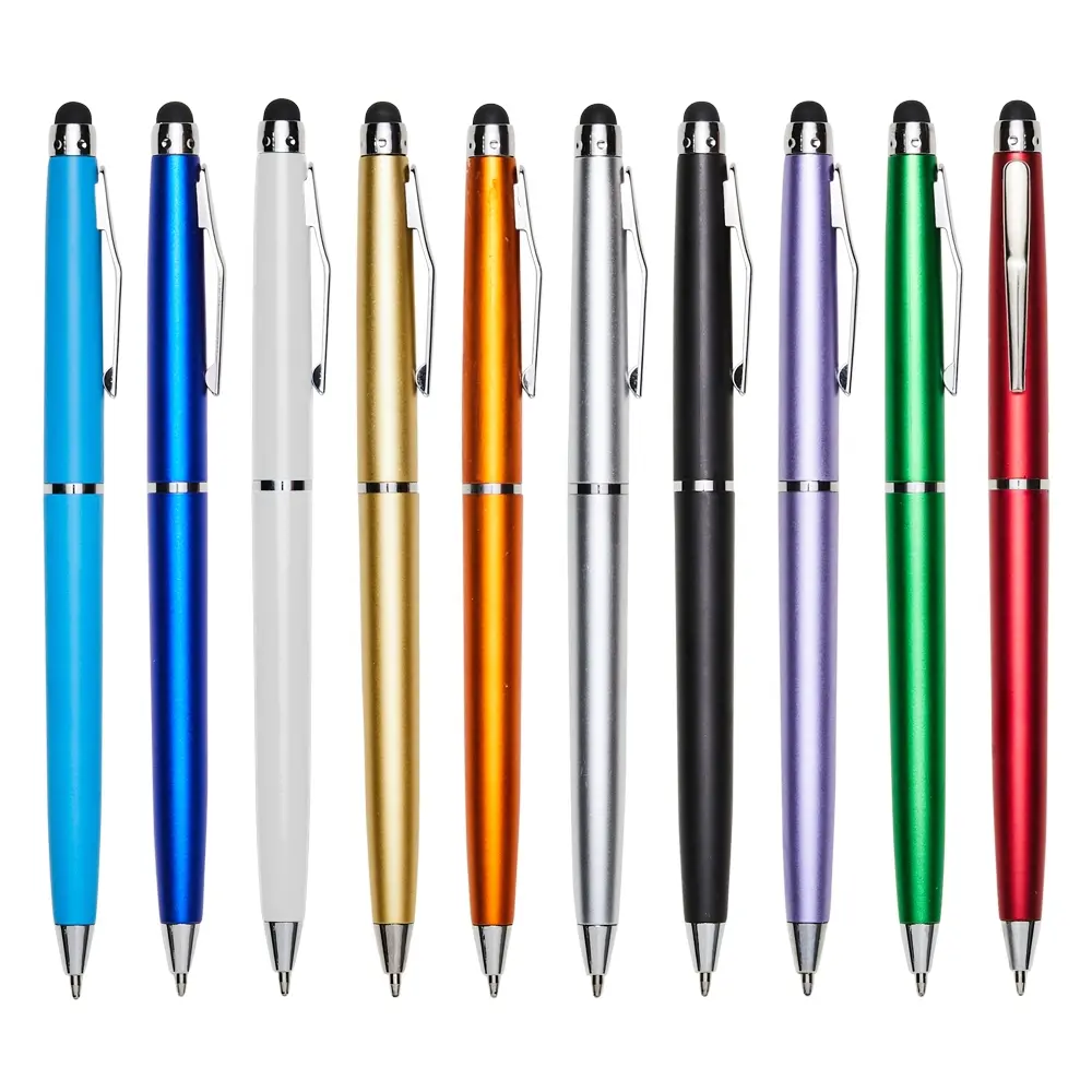 caneta-touch-personalizada-nexus-brinde-corporativo Diversas canetas touch personalizadas modelo Nexus em várias cores, alinhadas para demonstrar a variedade de opções de brindes corporativos da L2 Brindes.