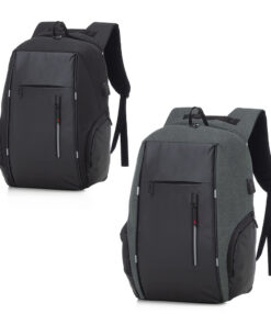 Mochila cinza para notebook com USB, personalizada com logo de empresa.