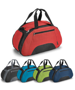 Bolsa esportiva azul com divisória interna e compartimento para calçados, personalizada com logo para brinde corporativo.