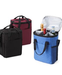 Bolsa térmica em poliéster de 16 litros com bolso frontal e bolsos laterais de nylon. Acompanha placa (removível) com divisórias e fixação de velcro para organização interna.