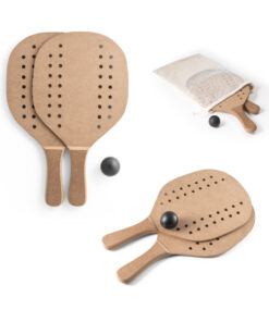 Raquetes de praia em MDF com bola inclusa. Fornecidas individualmente num saco em 100% algodão. 330 x 190 x 8 mm