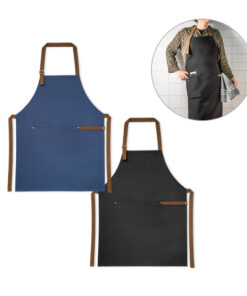 Avental 100% algodão canvas (300 g/m²) com detalhes em metal. Com 3 bolsos multifuncionais e uma tira lateral (para suporte de um pano de cozinha). Tira do pescoço facilmente ajustável. 680 x 900 mm