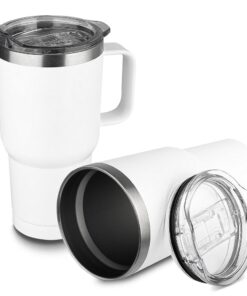 Caneca térmica personalizada para equipes de 600ml em aço inox, com logo customizado, sobre uma mesa de escritório.