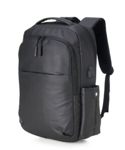 Mochila corporativa antifurto de 20 litros em couro sintético preto, com detalhes de zíperes e alças.