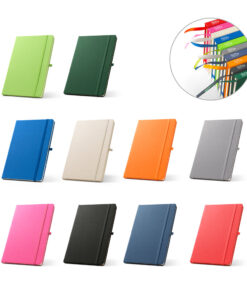 Moleskine rpet personalizado com capa cinza, elástico preto e fita separadora, um brinde corporativo ecológico.