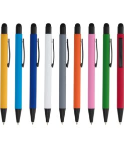 Caneta metálica touch screen azul com acabamento emborrachado para brinde corporativo.