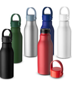 Squeeze de alumínio 600ml personalizado na cor prata, com tampa preta e logo da empresa aplicado ao centro.