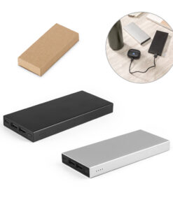 Power bank sustentável personalizado de 10.000 mAh feito de alumínio reciclado, ao lado de sua embalagem de papel kraft.