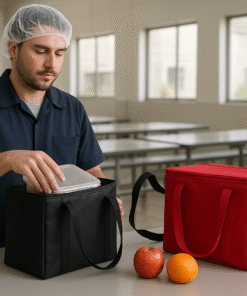 Colaborador em refeitório guardando sua marmita na bolsa térmica tnt 9 litros preta, um brinde corporativo útil para o dia a dia.