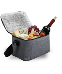 Bolsa térmica corporativa azul com 6 litros de capacidade e alça de ombro.