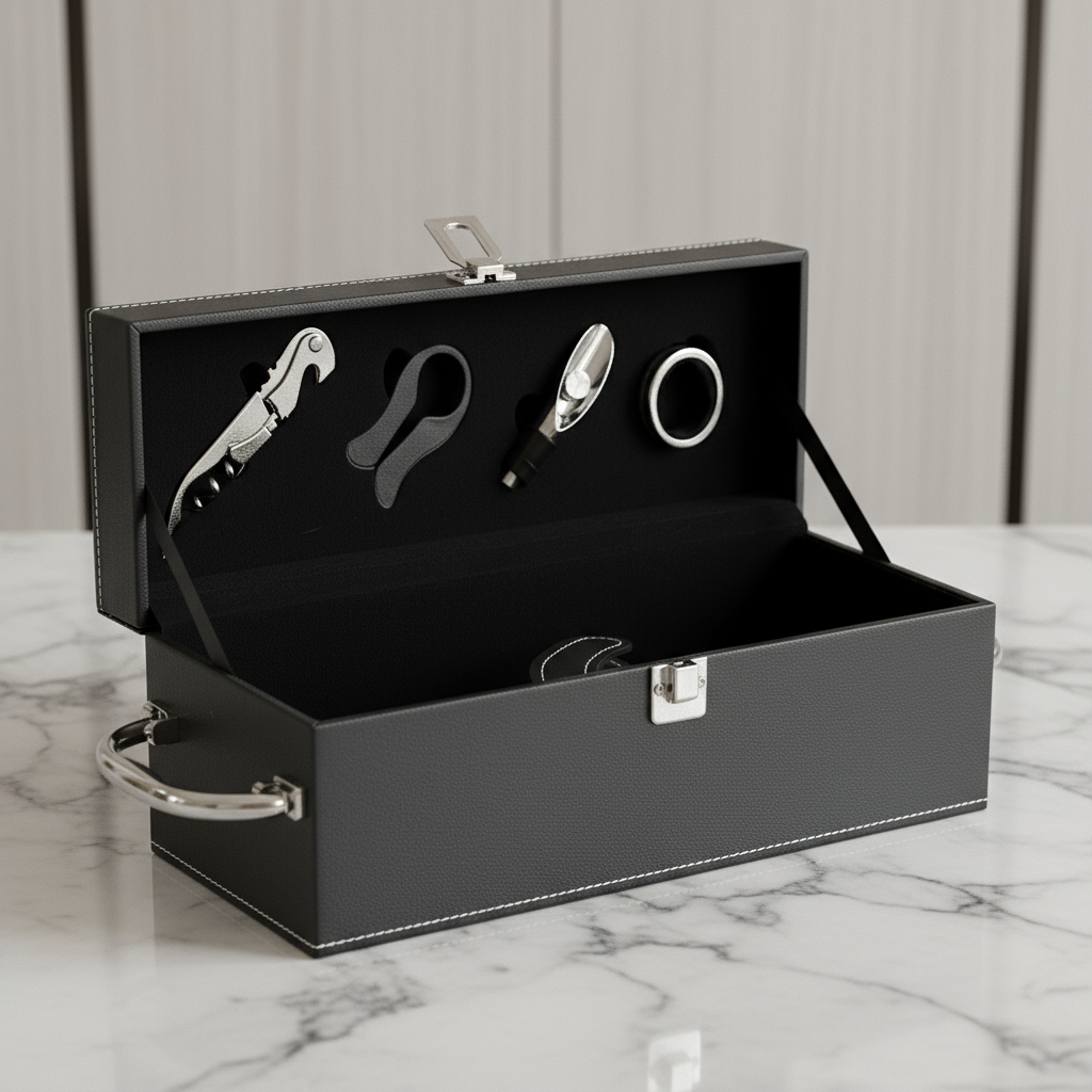 Kit-vinho-corporativo-personalizado-com-maleta Kit vinho corporativo com 4 acessórios e maleta de couro preta com placa de metal para personalização.