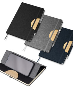 Moleskine caderno com suporte para celular personalizado com logo de empresa, visto de frente.