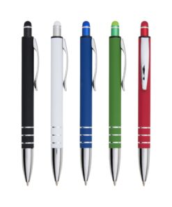 Caneta metálica touchscreen com acabamento emborrachado preto e detalhes prateados, mostrando a ponta de escrita e a ponta para telas.