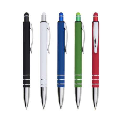 Caneta metálica touchscreen com acabamento emborrachado, acionamento por clique e carga esferográfica azul 1.0mm.