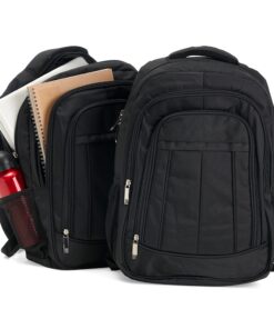 Mochila corporativa de poliéster preta, com 26 litros, com compartimento para notebook de 15.6 polegadas, pronta para ser personalizada com a logo da empresa.