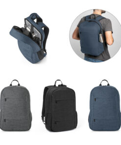 Mochila corporativa para notebook cinza, feita de material reciclado, com compartimento principal aberto mostrando as divisórias internas.
