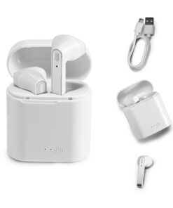 Fone de ouvido wireless stereo em ABS. Transmissão sem fios BT v5.0 com autonomia aproximada de 6 horas. Função para atender chamadas, controle de volume e conexão à playlist do dispositivo móvel. Incluso cabo USB para carregar. Fornecidos em caixa com função de carregador. 71 x 55 x 28 mm | Auricular: 47 x 21 x 21 mm