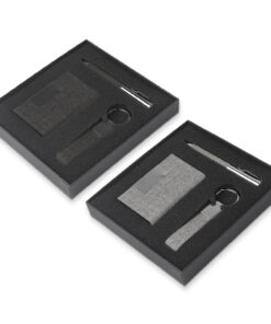 Kit escritório com chaveiro em metal e caneta reciclável.