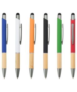 Caneta metal touch com detalhe em bambu e ponta touch.