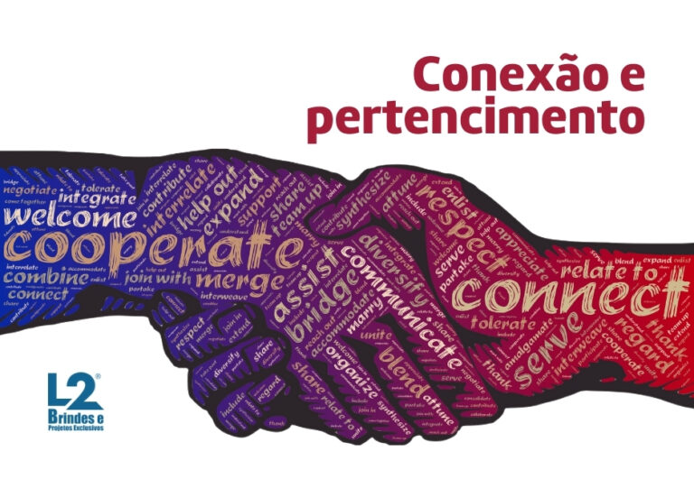 Duas mãos se apertando, formadas por uma nuvem de palavras relacionadas a conexão, colaboração e pertencimento, com o título "Conexão e pertencimento".