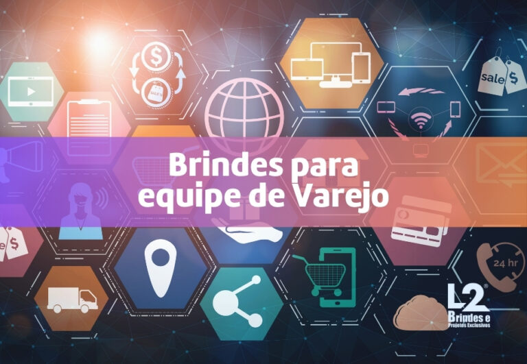 Ilustração digital com ícones de varejo e a frase "Brindes para equipe de Varejo".
