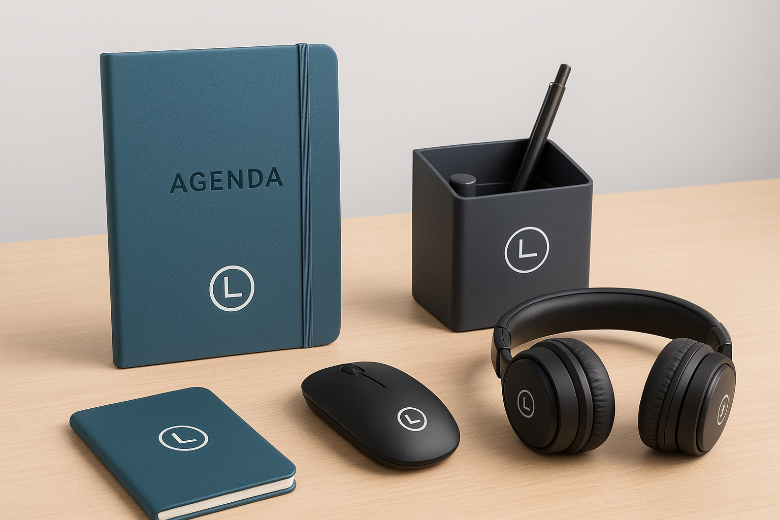 Kit de onboarding com produtos práticos incluindo agenda personalizada, organizador de mesa e acessórios tecnológicos