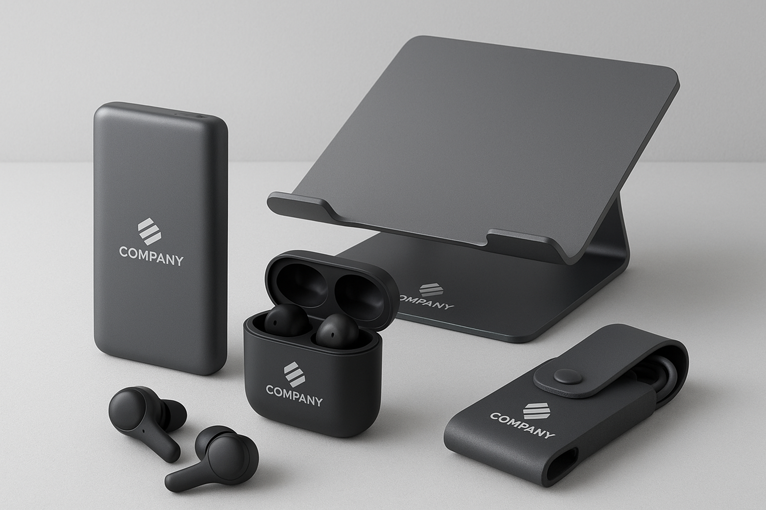 Coleção de brindes tecnológicos para trabalho híbrido incluindo power bank, fones bluetooth e suporte para laptop