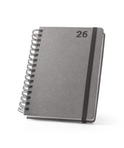 Agenda A5 cinza com capa de material reciclado, argolas e elástico de fecho.