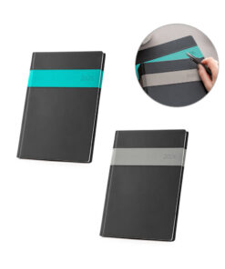 Agenda B5 com capa em PU cinza claro e detalhe lateral preto, com marcador em fita e design elegante.