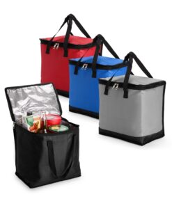 Bolsa térmica personalizada 20 litros azul com alças pretas, ideal para brindes corporativos estratégicos.