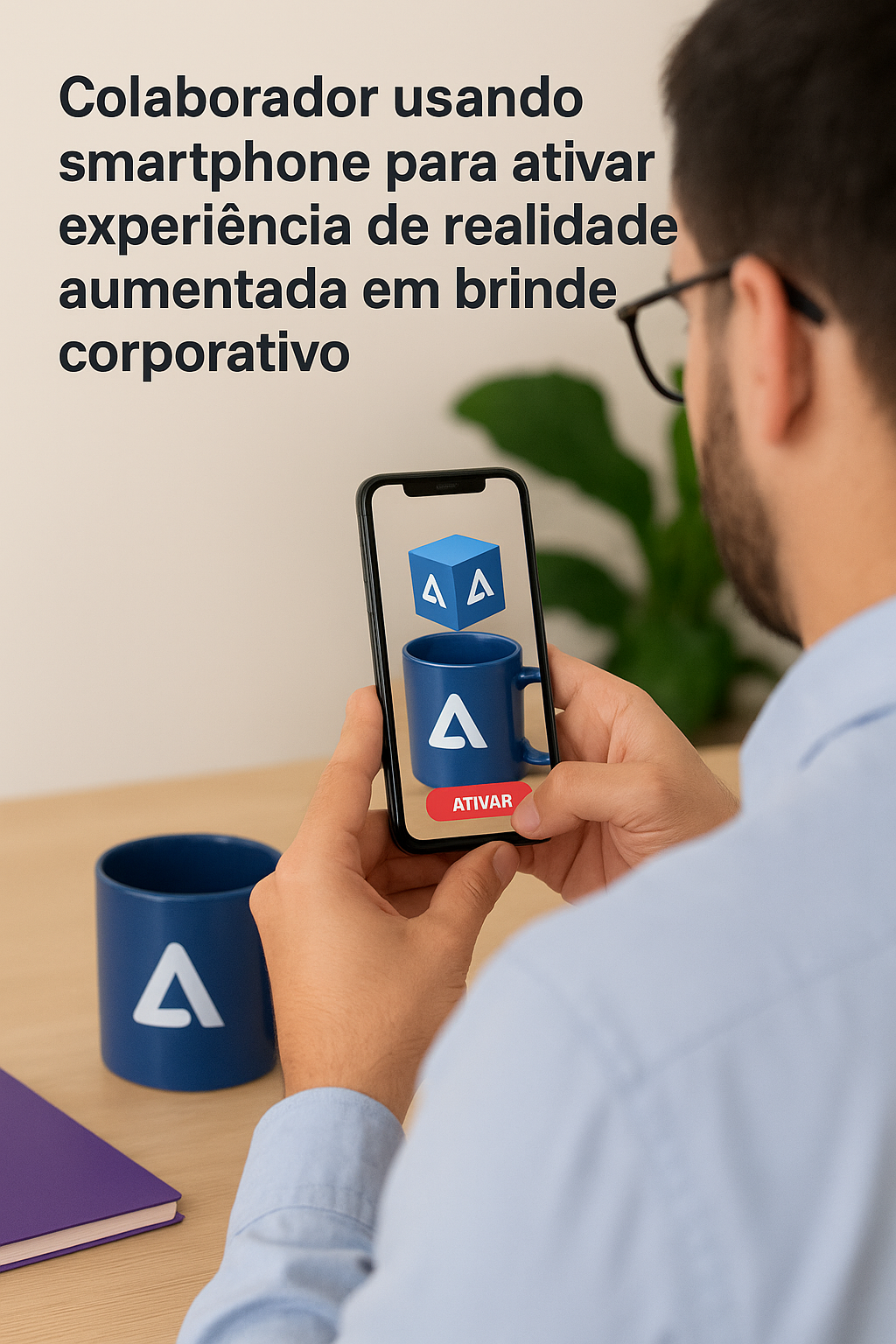 Colaborador usando smartphone para ativar experiência de realidade aumentada em brinde corporativo