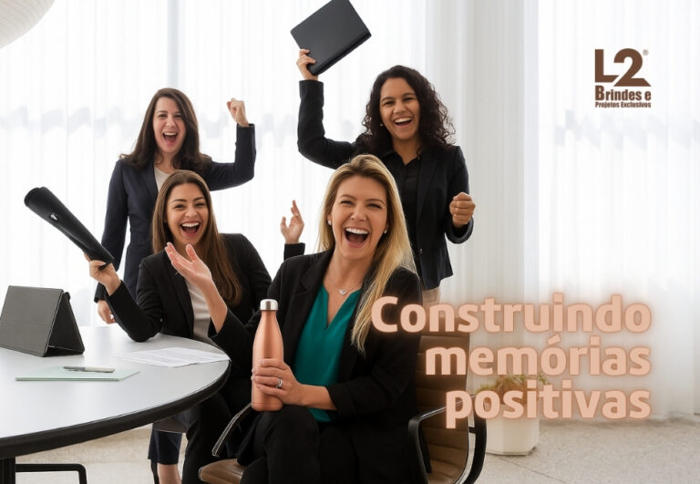 quipe de mulheres celebrando conquistas no ambiente de trabalho, ilustrando a construção de memórias positivas através de brindes corporativos como uma garrafa personalizada.