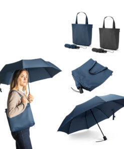 Guarda-chuva 2 em 1 azul com sacola de compras reutilizável em poliéster reciclado