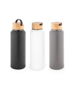 Garrafa térmica sustentável personalizada de 1.2L em aço inox reciclado cinza com tampa de bambu.