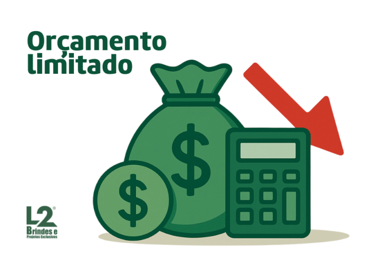 Ilustração de um saco de dinheiro ao lado de uma calculadora, representando o planejamento de brindes com orçamento limitado.