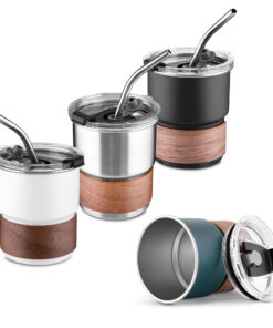 Copo inox personalizado com pegador em fibra de noz nas cores preto, branco e prata, com canudo de metal.