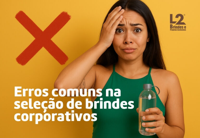 Mulher com expressão de frustração ao lado de brindes corporativos genéricos, representando erros na seleção.