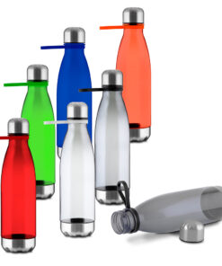 Garrafa RPET personalizada de 700ml em diversas cores, com tampa e base de metal e alça de silicone.