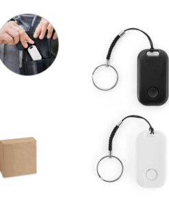 Kit com chaveiro localizador bluetooth nas cores preta e branca, sendo um ótimo brinde corporativo tecnológico.