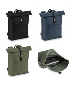 Mochila corporativa roll-top para notebook de 17.3 polegadas disponível nas cores preta, azul e verde, com logo personalizado para brinde empresarial.