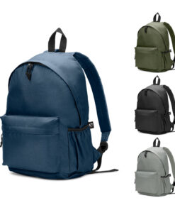 Mochila sustentável para brinde corporativo na cor azul, com bolso frontal e lateral, ideal para personalização com logo.