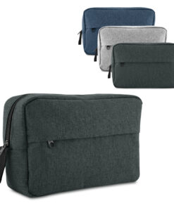 Nécessaire para brindes corporativos, modelo em poliéster 300D cinza escuro com alça.