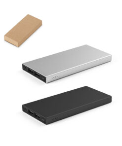 Power bank personalizado de 5000mAh em alumínio reciclado preto, visto de um ângulo lateral.